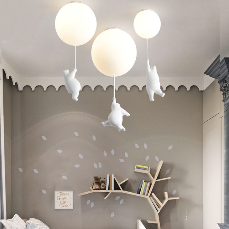 White Globe Ceiling Light in Kids Style artistique Resin Bear Flush Mount with Glass Shade