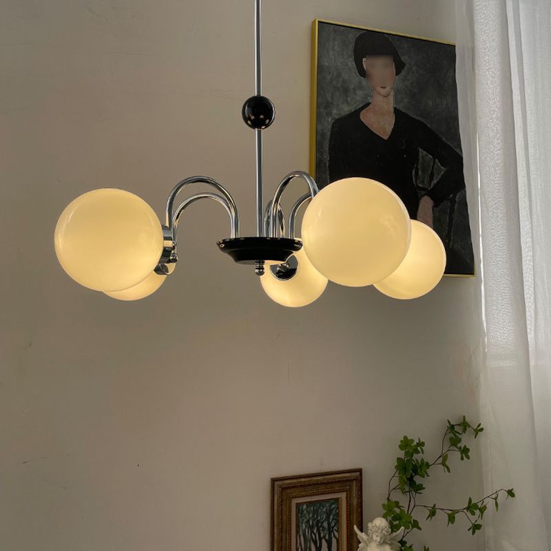 Modern Style Globe Chandelier Satin Opal Glass Living Room Hanging Light Fixture