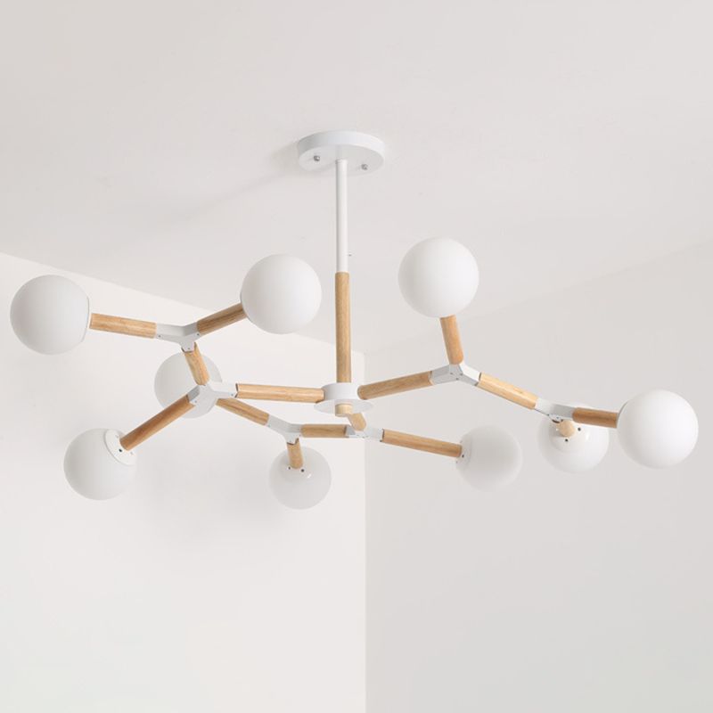Lampadario molecolare nordico in legno soggiorno luce a sospensione con sfera di vetro opale
