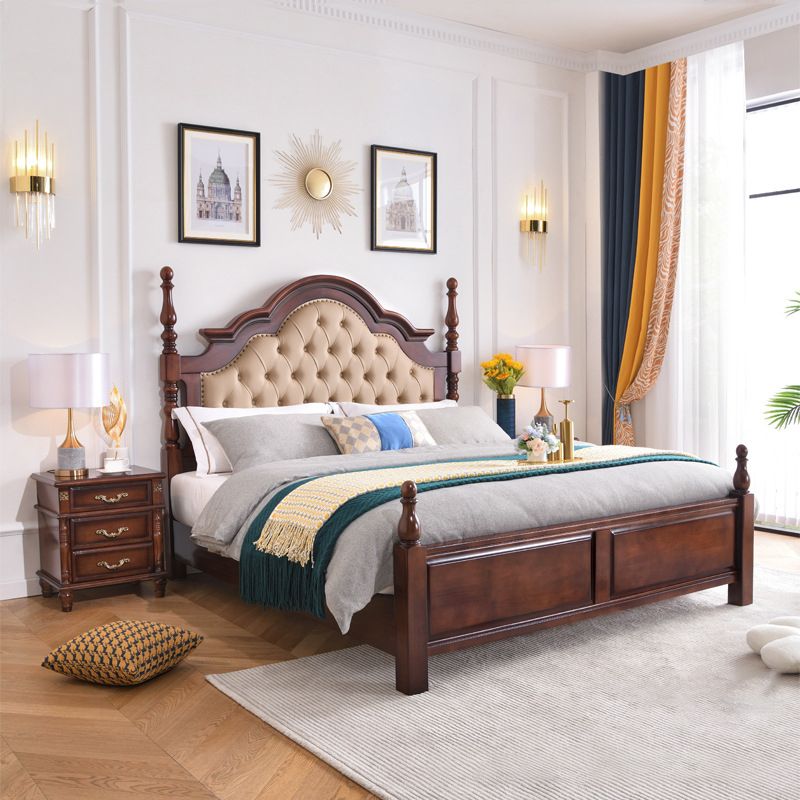 Brown Wood King Bed Tufted Nailhead Upholstered Bed Frame with Headboard