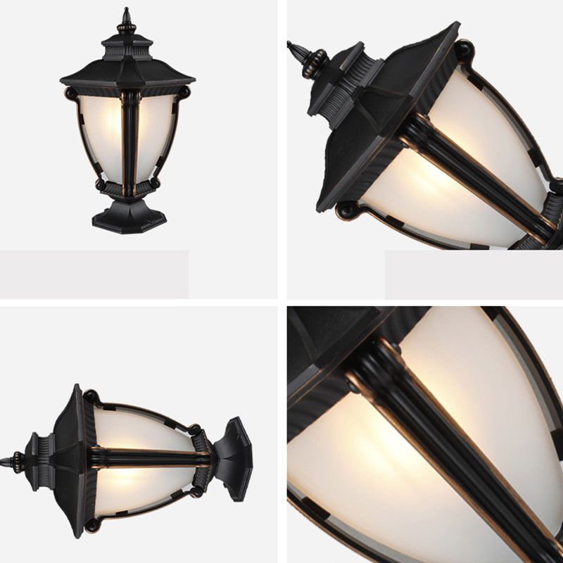 Bell Shade Frost Glass Pier Mount Light Retro Single-Bulb Courtyard Post Lighting in Black
