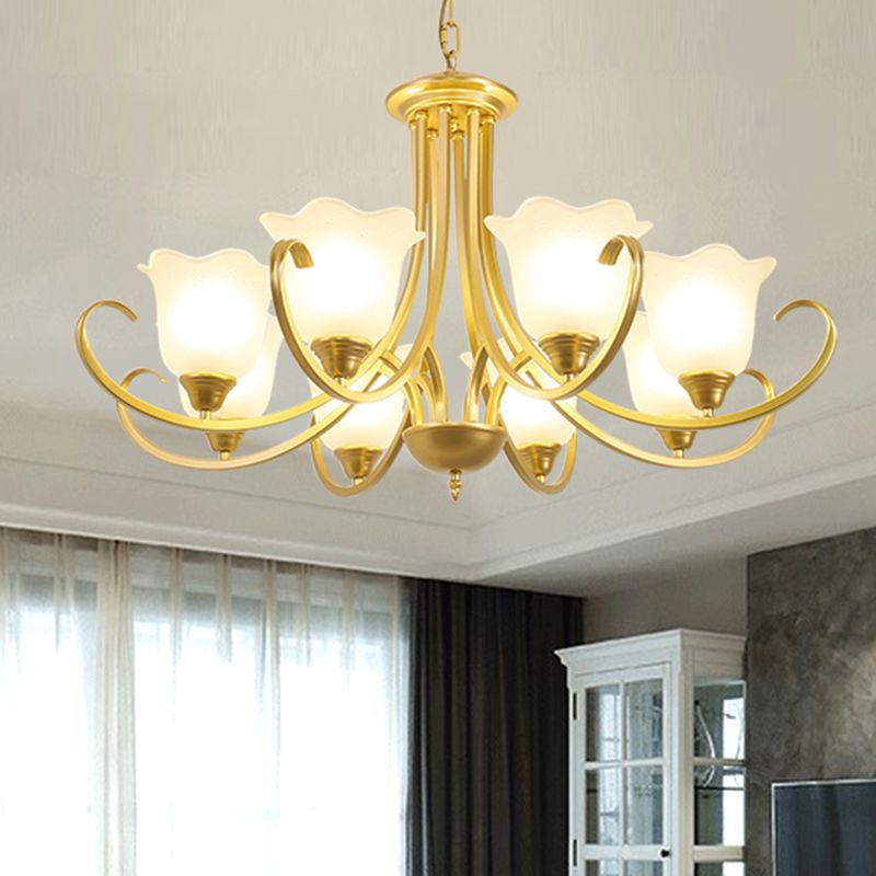 Retro Style Floral Shade Chandelier Light Frosted Glass Pendant Light Fixture with Curved Arm