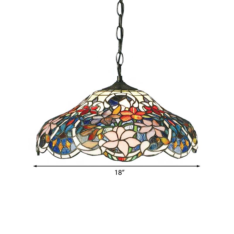 Floral Hanging Light Tiffany-Style Stained Glass 1 Bulb Black Pendant Light Fixture with Adjustable Metal Chain