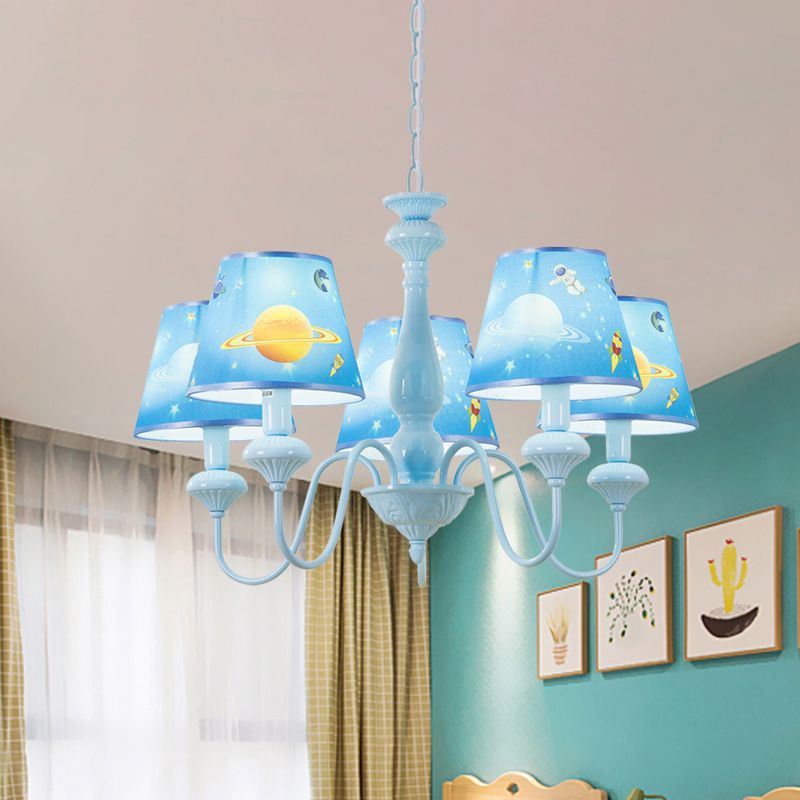 Blue Barrel Chandelier Light Mediterranean 5/6 Bulbs Fabric Ceiling Hang Fixture with Universe Pattern