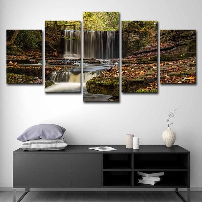 Forest Cascade Scenery Wall Art in Brown Canvas Made Wall Decoration, Multi-Piece