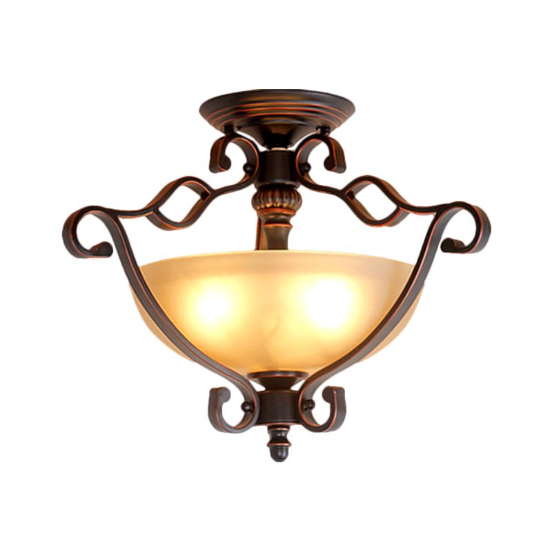 Frosted Glass Bowl Semi Flush Rustic Style LED Bedroom Flush Mount Light Fixture in Bronze