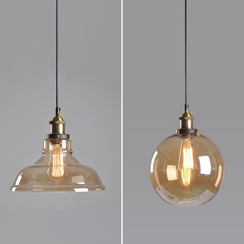 Retro Industrial 1 Light Pendant Amber Handblown Glass Dome Pendant Lighting for Living Room