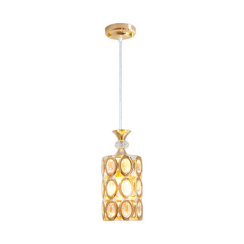 Beveled Crystal Encrusted Cylinder Pendant Modernism 1-Bulb Gold Finish Suspension Light