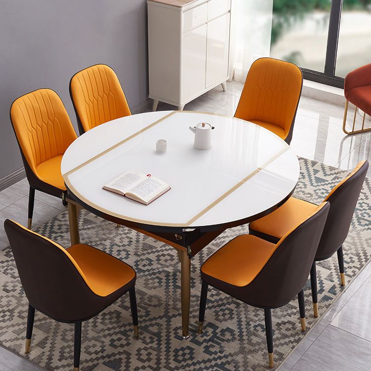 Contemporary White Round Glass Top Dining Table with Double Drop Leaf