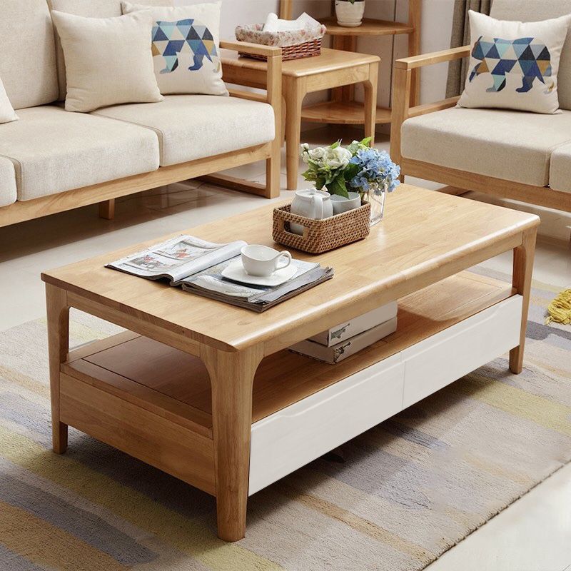 Rectangular 4 Legs Base Design Solid Wood Table with Drawer Coffee Table