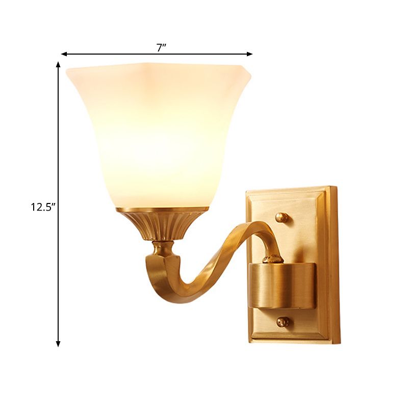 Brass Curved Arm Wall Light Modernism Style Metal 1/2-Light Bedside Wall Sconce Lamp with Opal Glass Bell Shade