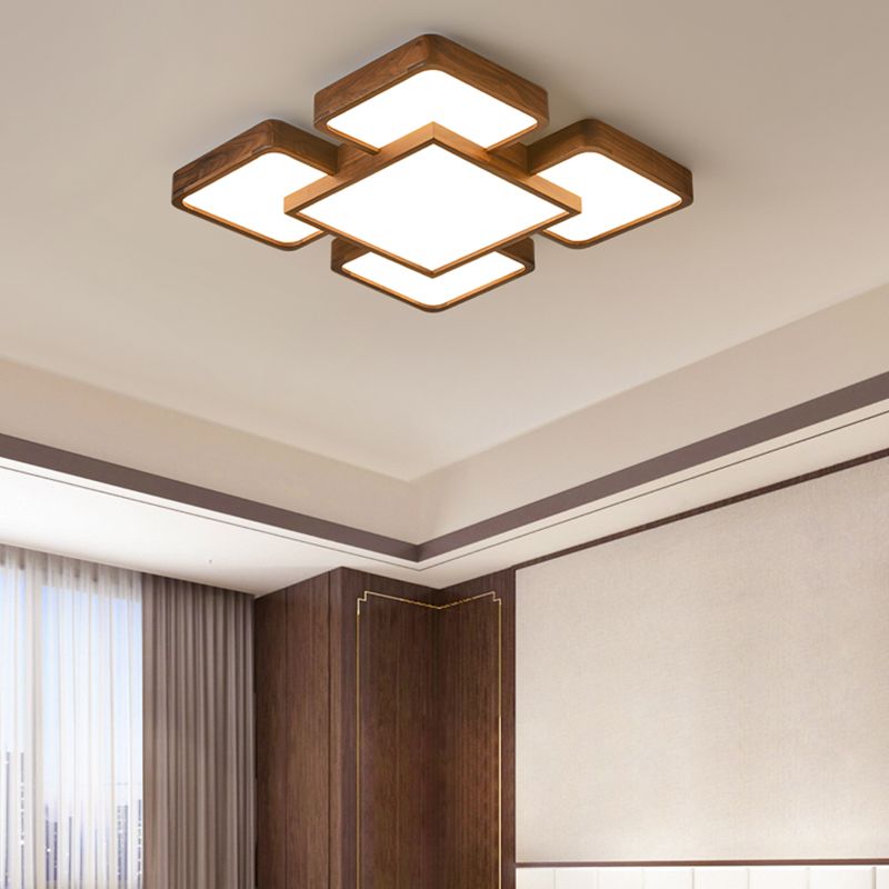 LED Modern Wood Flush Mount Geometric Shape Ceiling Lamp with Acrylic Shade for Bedroom