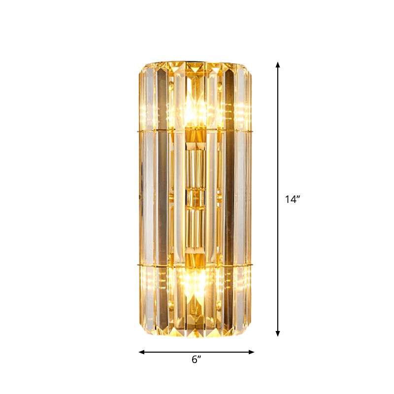 Cylindrical Sconce Lighting Vintage Style Clear Crystal 2/3-Heads Golden Wall Mounted Lamp for Hallway
