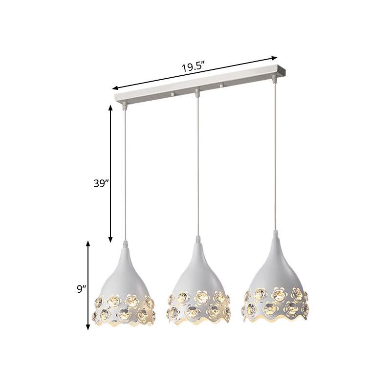 Metal Teardrop Multi Light Pendant Modern 3 Lights Ceiling Suspension Lamp in White with Flower Crystal Deco Edge