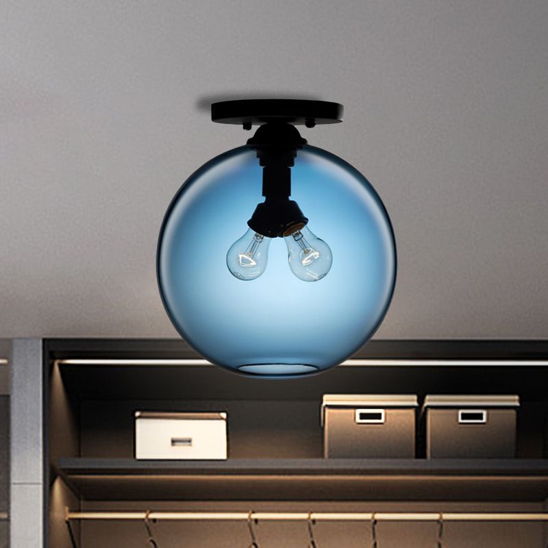 Globe Shade Semi Flush Salle à manger Rouge/Marron/Bleu Verre Style Industriel 1/2 Lumière Plafonnier Noir
