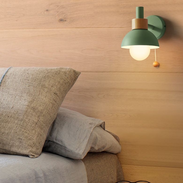 Minimalist Wall Sconce Torchlight Shaped with Pull Switch and Dome Metal Shade Indoor for Bedroom Bathroom Lighting