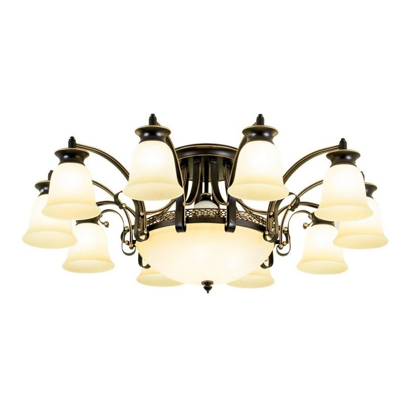 Flared Shade Dining Room Semi Flush Light Retro Beige Glass Black Semi Flush Chandelier