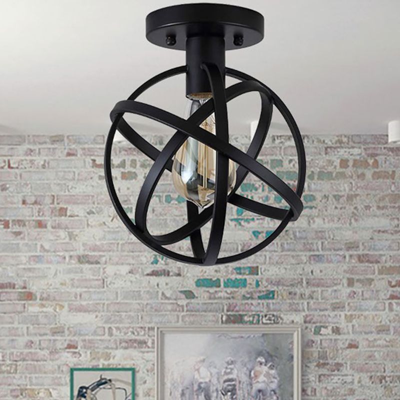 Lámpara de techo estilo jaula de orbe, estilo retro, 1 bombilla, lámpara colgante semi empotrada metálica en negro para balcón