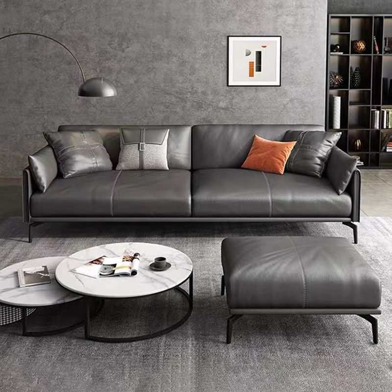 Gray Leather Sofa with Four Legs Contemporary Living Room Seating