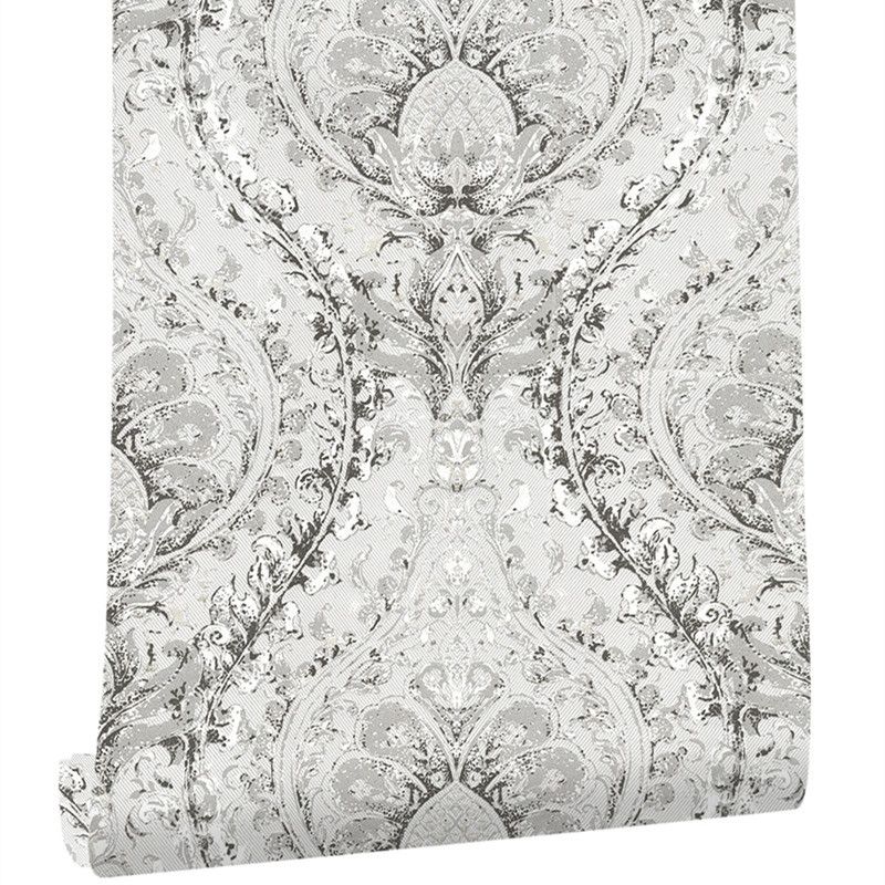 Grey Jacquard Wallpaper Roll Moisture Resistant Retro Dining Room Wall Art, 33' x 20.5"