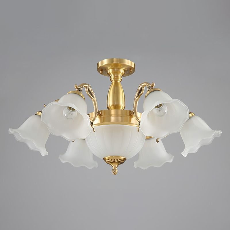 Brass Floral Flush Chandelier Colonial Style Frosted Glass Living Room Semi Flush Light