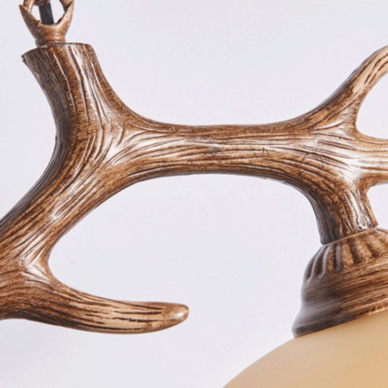 2 - Light Kitchen Island Light Wood & Dome Glass Shade Ceiling Pendant with Antlers Accent