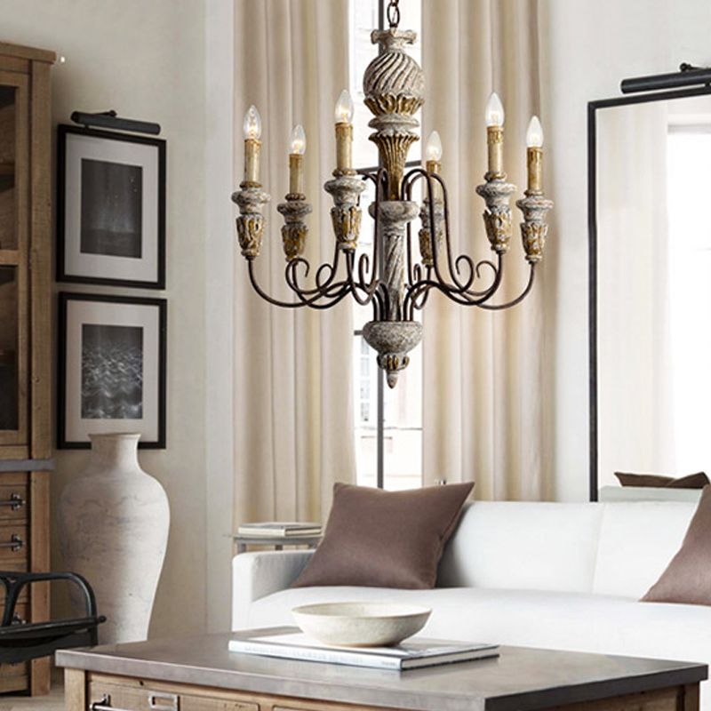 Wood Metal Hanging Chandelier Candle 6 Light Chandelier Lighting for Living Room
