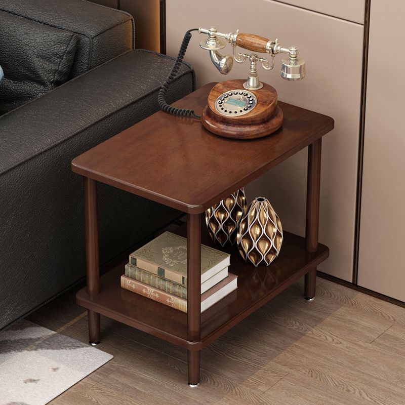 Modern Solid Wood End Slide Table 4 Legs with Shelf Double Tier Side Table