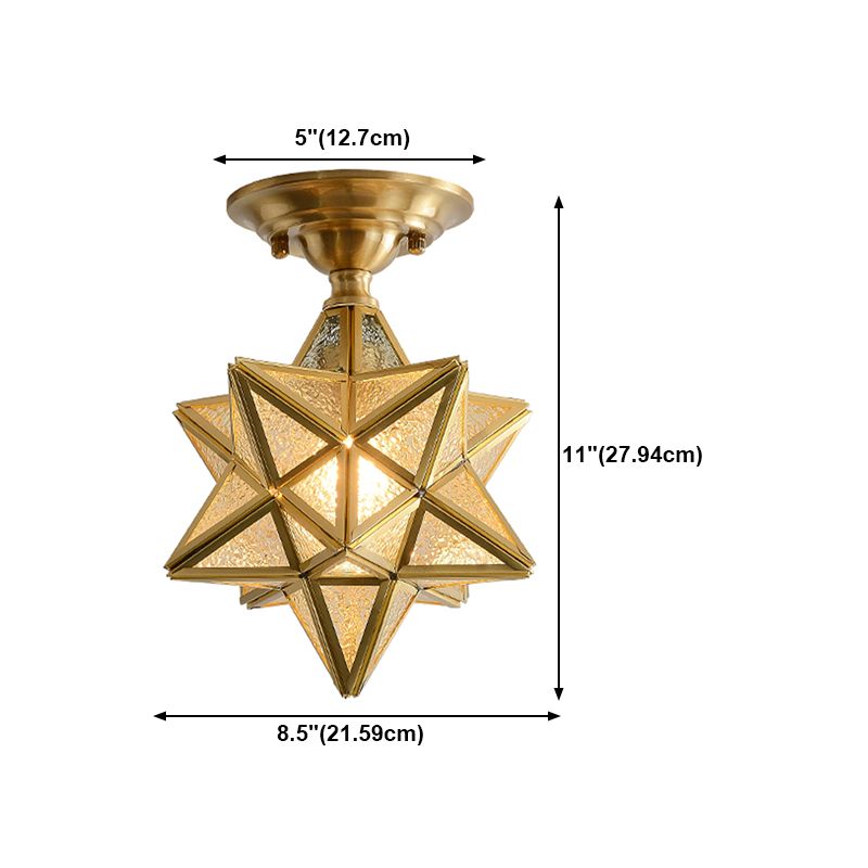 Star Glass Semi-Flush Ceiling Light Vintage Aisle Ceiling Flush Mount in Brass