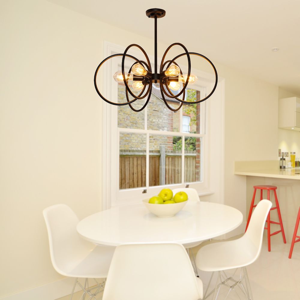 Multi Ring Metal Chandelier Light Vintage Style 6 Lights Restaurant Ceiling Light Fixture in Black