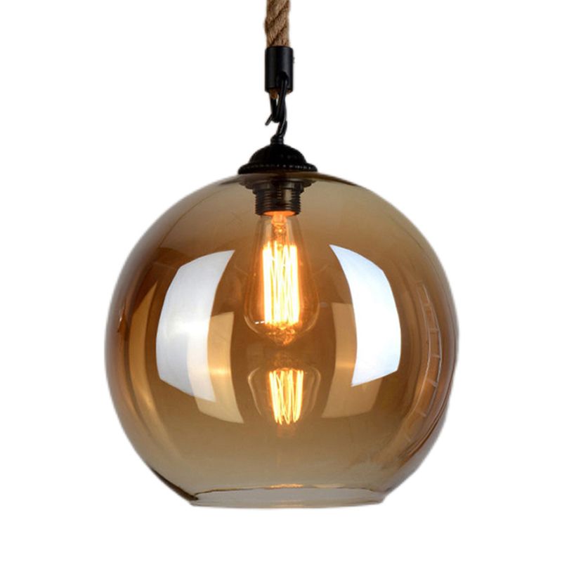 Amber Glass Globe Shade Pendant Light Vintage Industrial Mini Hanging Lamp with 39 Inch Adjustable Hanging Hemp Rope