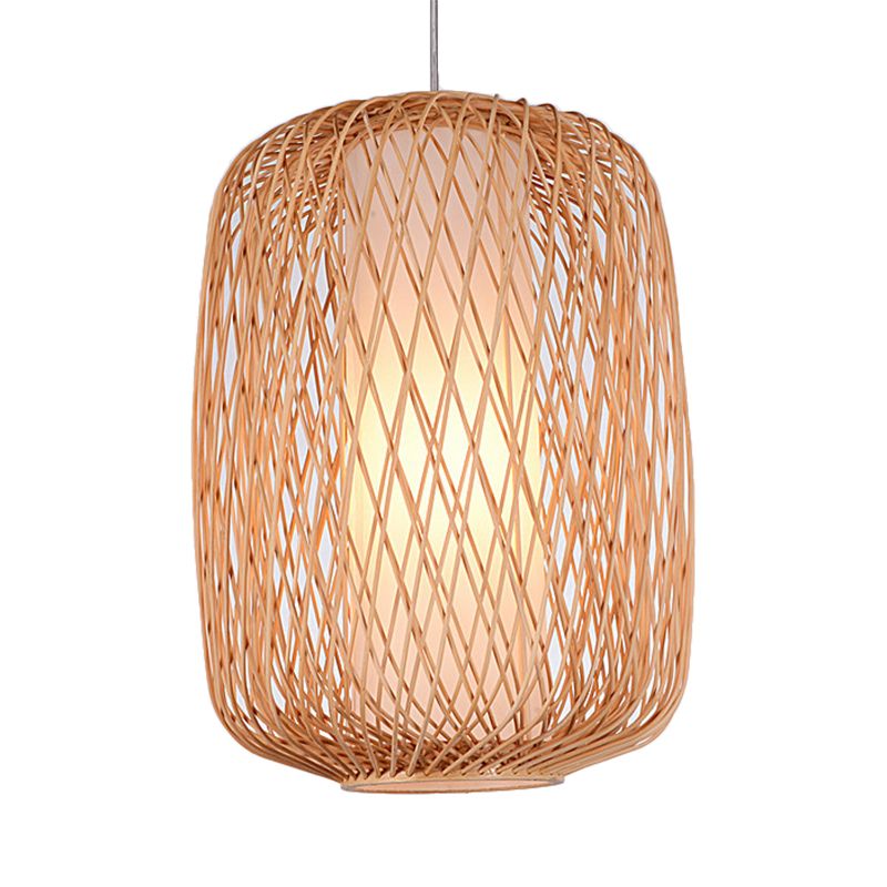 Asian Stylish Hand-Knitted Hanging Lighting with Cylinder Shade Bamboo 1 Light Living Room Pendant Lamp in Beige