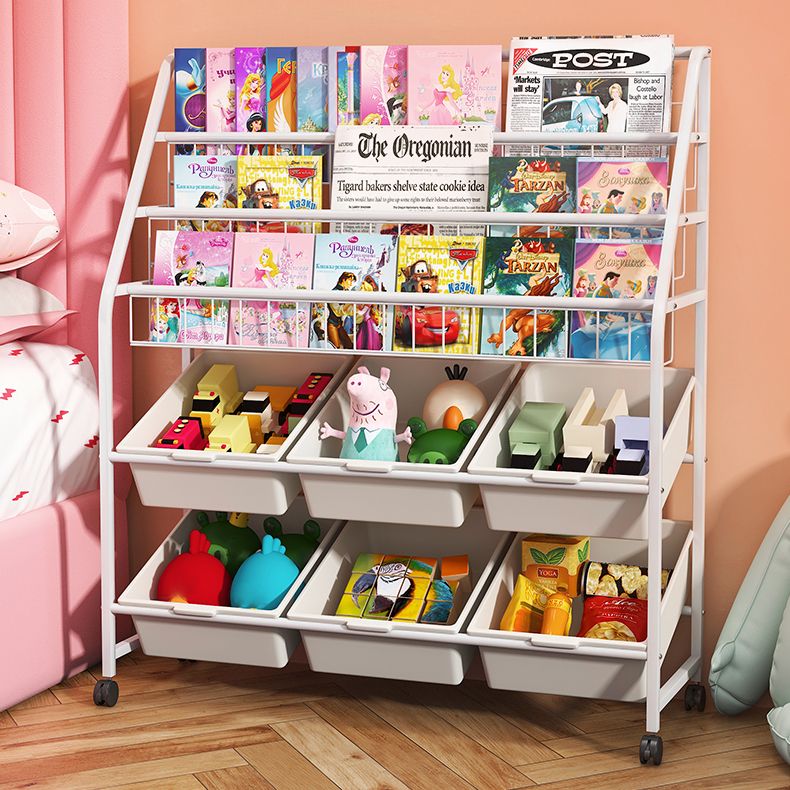 White Bookshelf Contemporary Style Bookcase for Study Room with Casters