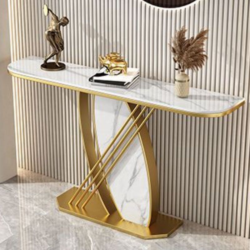 Glam Stone Iron Accent Table Half Moon Console Sofa Table for Hall