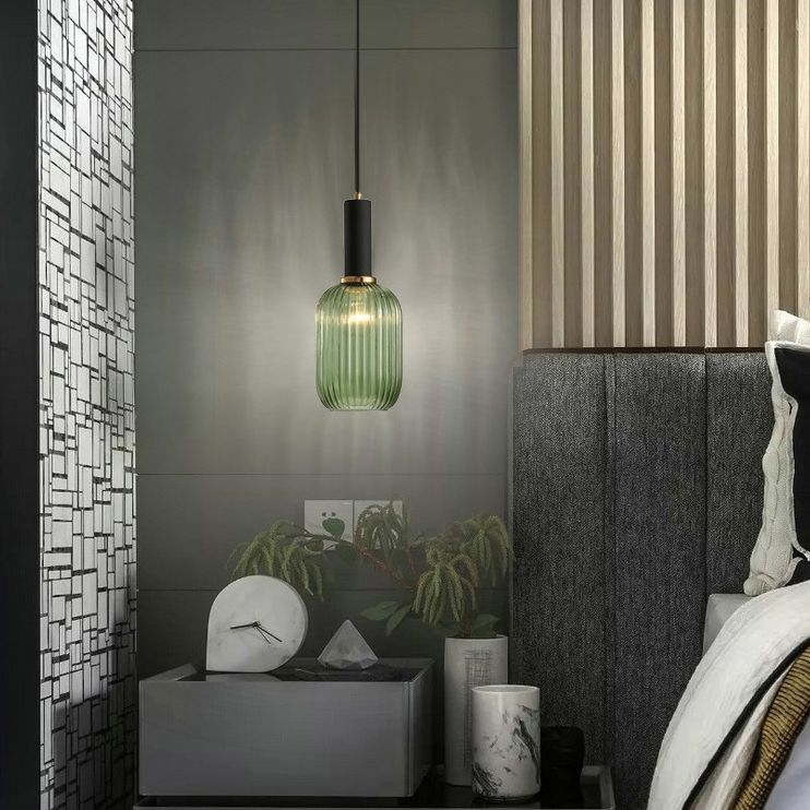 Contemporary Blown Ribbed Glass Pendant Light 1-Light Hanging Pendant Lighting For Bedroom