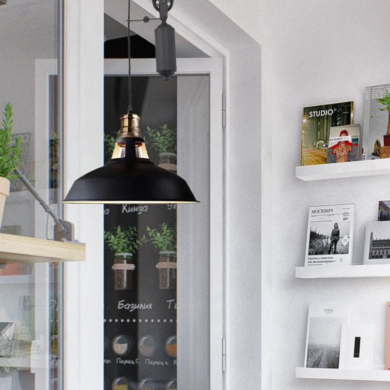 1 Light Barn Pendant Ceiling Lamp Farmhouse Style Black/Beige/Rust/White Metallic Hanging Light with Pulley for Bedroom