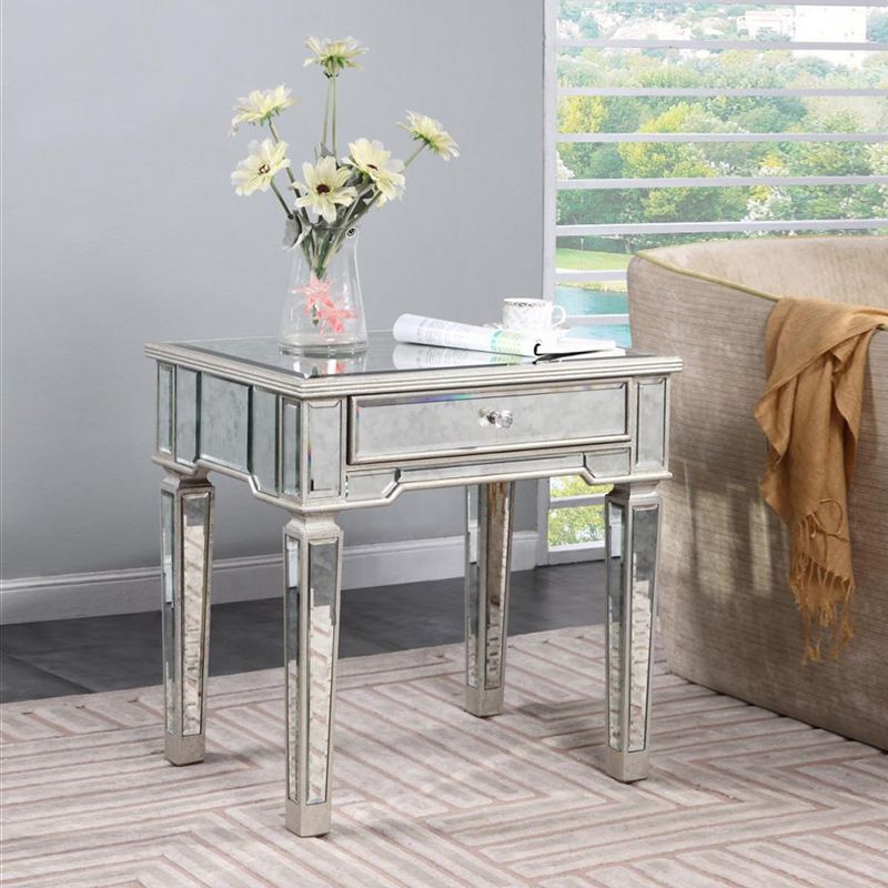 Contemporary Square Glass Top End Table 4 Legs End Table with Drawer
