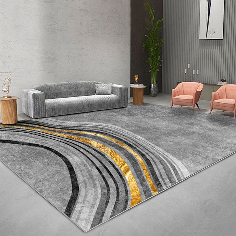Modern Bedroom Rug Grey Abstract Swirl Stripe Pattern Rug Polyester Washable Non-Slip Pet Friendly Carpet