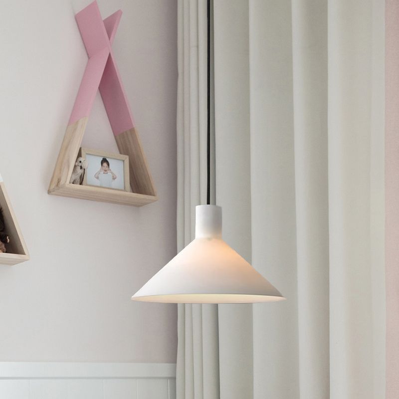 Wide Flare Hanging Light Kit Minimalist White Glass 1-Head Black Pendant Ceiling Lamp