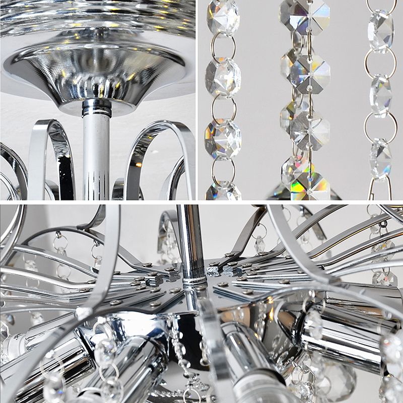 Simple Style Cascade Ceiling Fixture Crystal Ball 8 Heads Living Room Semi Flush Light in Chrome