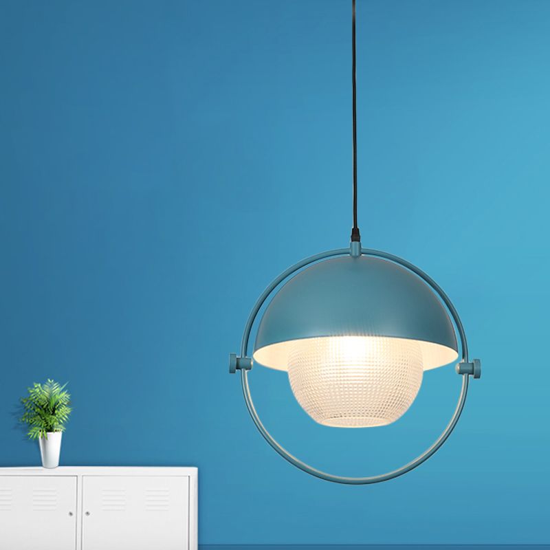 Modern Semicircle Hanging Light Kit 1 Bulb Metal Pendant in Blue/Gold with Ball Clear Latticed Glass Shade