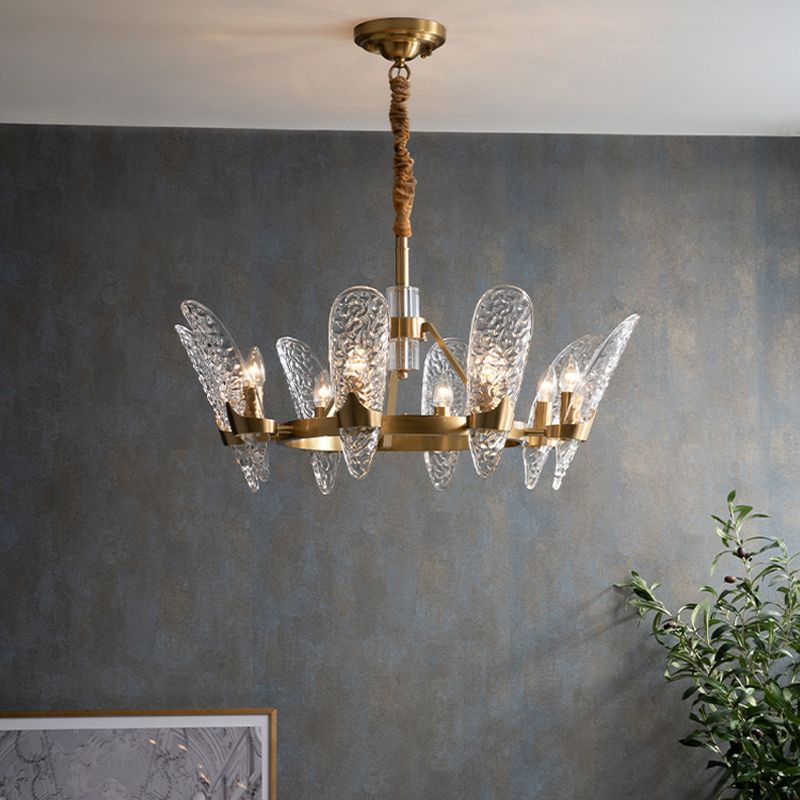 Brass 8/10-Bulb Suspension Light Minimal Clear Crystal Glass Arc Panel Chandelier Pendant Lamp