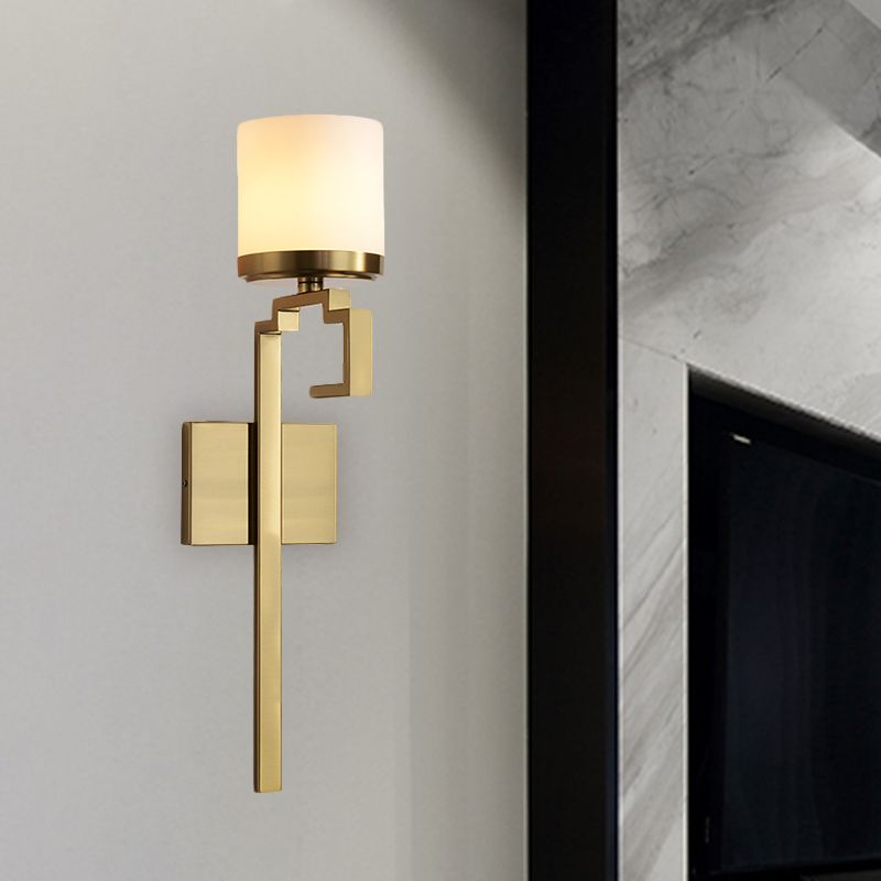 1 Bulb Pillar Sconce Lighting Mid Century Brass Opal Matte Glass Wall Light Fixture with Oriental Element