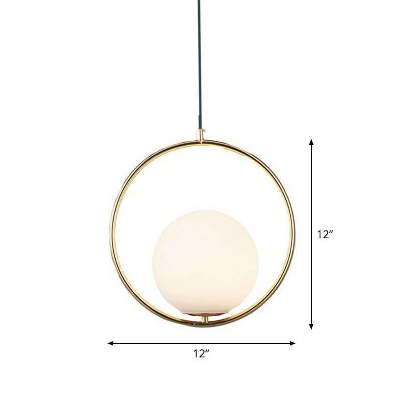 White Glass Spherical Hanging Lamp Post-Modern 1 Head Pendant Light with Metal Ring in Brass