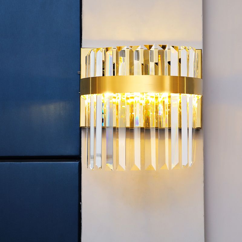 Demilune Cylinder Wall Light Sconce Contemporary Crystal Prism 2 Heads Wall Mounted Lighting in Gold