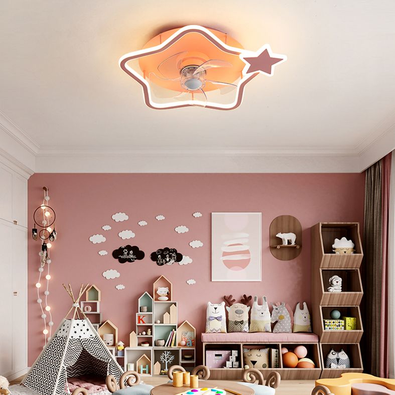 Cartoon Geometric LED Fan Light Fixture Acrylic Kids Bedroom Semi Flush Mount Light in Pink