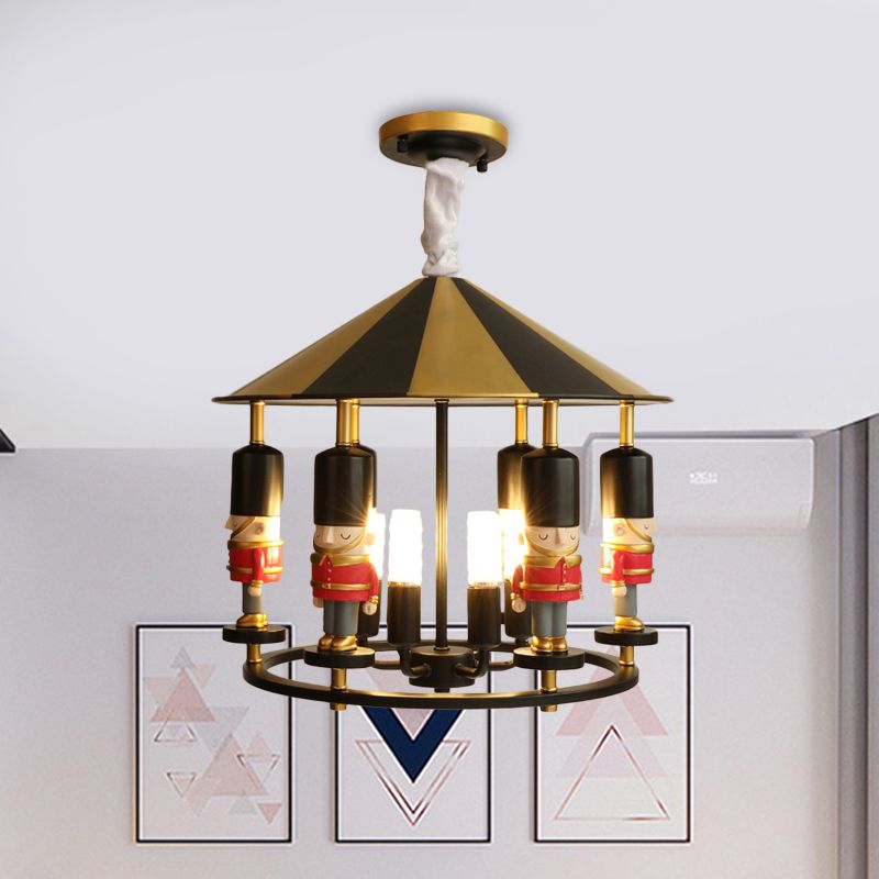Merry-Go-Round Soldier Chandelier Kids Style Resin 5-Head Black/Blue Hanging Light Fixture
