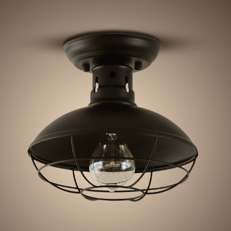 Wire Cage Ceiling Mounted Fixture Retro Style Black Metal Semi Flush Mount Light