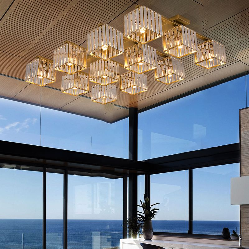 Accesorio de techo para sala de estar, barra de cristal de tres lados, cuadrado moderno, semiempotrado, 4/6/9 luces, en dorado/negro