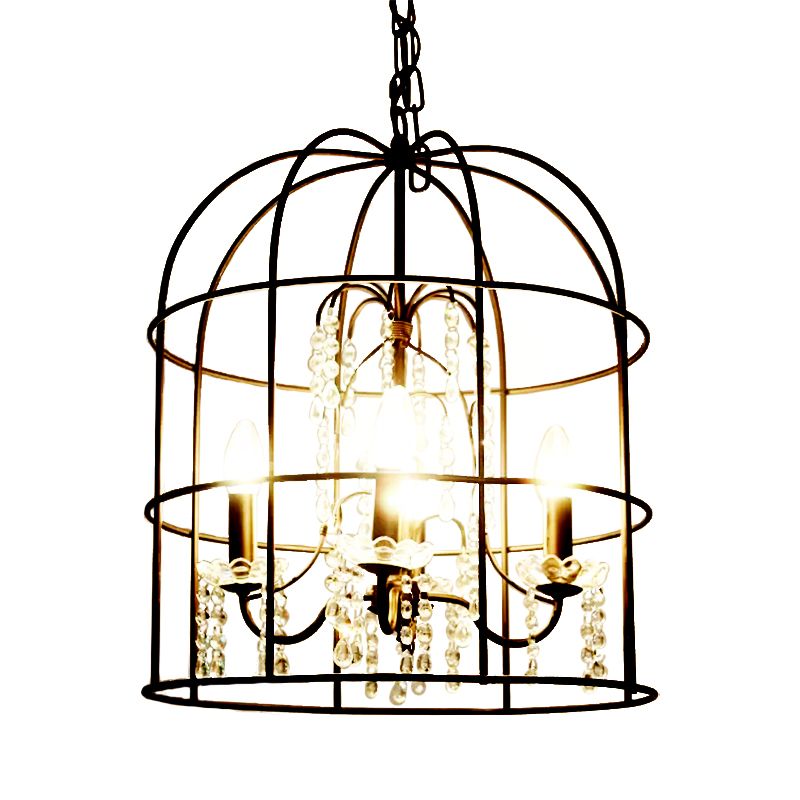 4 Lights Pendant Light Classic Birdcage Metal Hanging Chandelier in Black with Crystal Draping